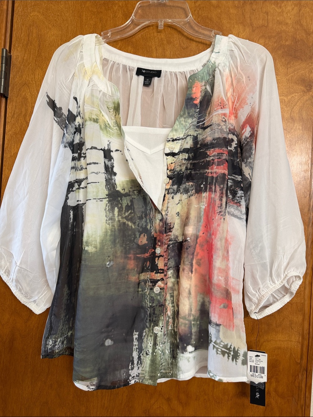 White Sheer Abstract Print Button Front Blouse
